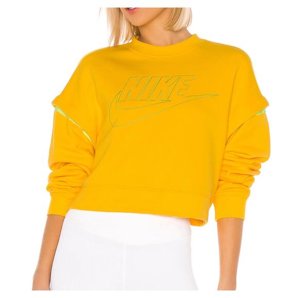 NIKE Yellow Green Cropped Sweatshirt Cotton Snap Detachable Sleeve Size Medium M - Picture 1 of 14
